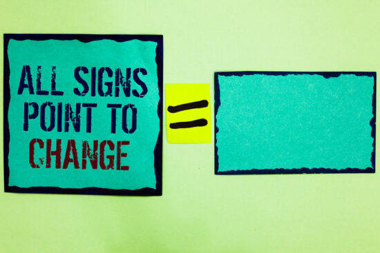 Handwriting text writing All Signs Point To Change. Concept meaning Necessity of doing things differently new vision Black bordered blue page written on texts another blank mid yellow equal.