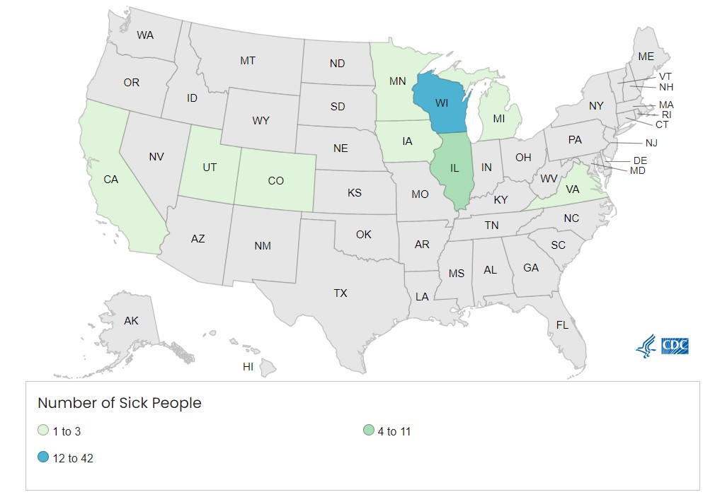 Case Count Map as of September 6, 2024 - Outbreak Investigation of Salmonella: Eggs (Sept 2024) Case Count Map as of September 6, 2024 - Outbreak Investigation of Salmonella: Eggs (Sept 2024)