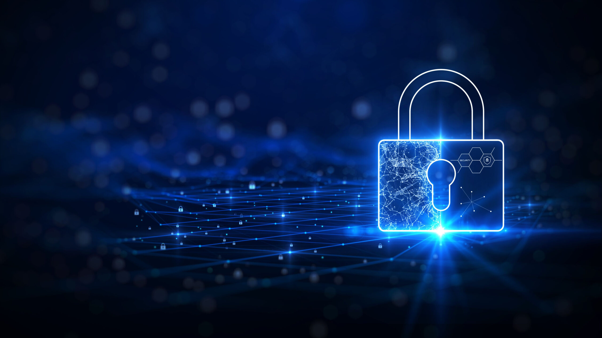 background concept of data protection and cybersecurity technology privacy. There is a key on the right hand side. against a dark blue background. Shutterstock_2037142181