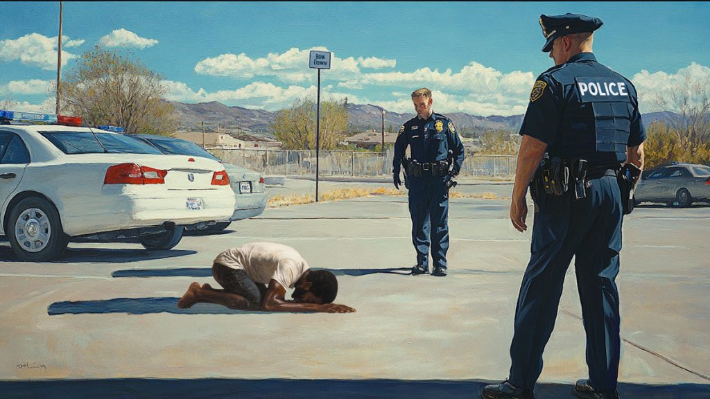 Get on the Ground When You See Police, or Enjoy a Little Use of Excessive Force 6 a black man kneels, face down, before two white officers, almost as if he is praying to them not to engage in the use of excessive force against him, as they look at him