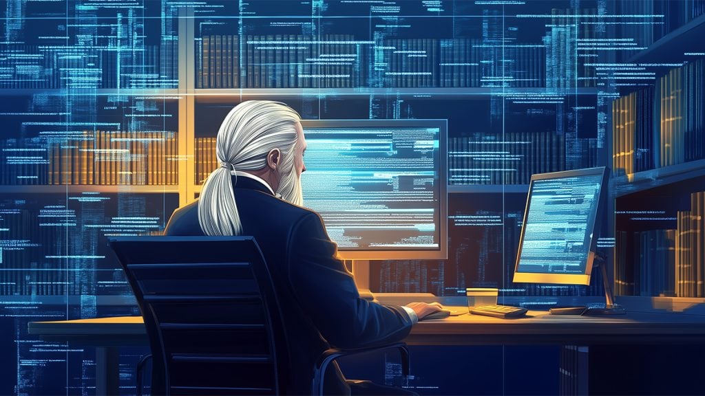 Criminal defense lawyer working at a dual-monitor desk, surrounded by digital data streams and law books, representing innovation and dedication to justice