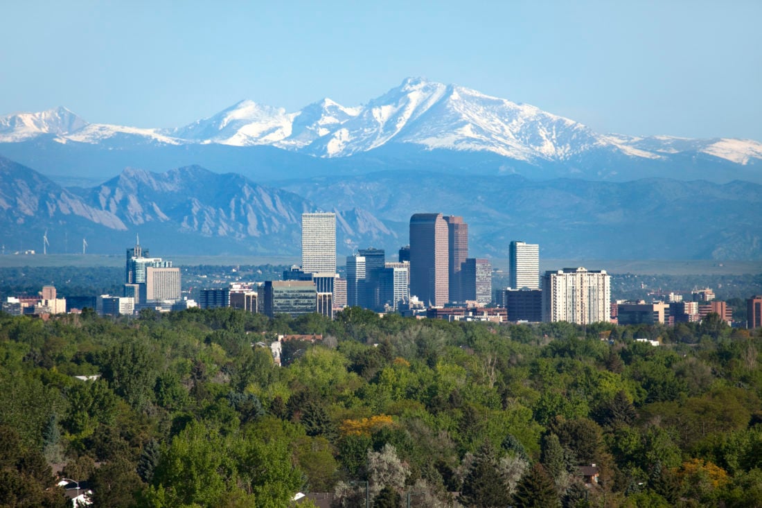 Denver Colorado skyscrapers snowy Longs Peak Rocky Mountains summer