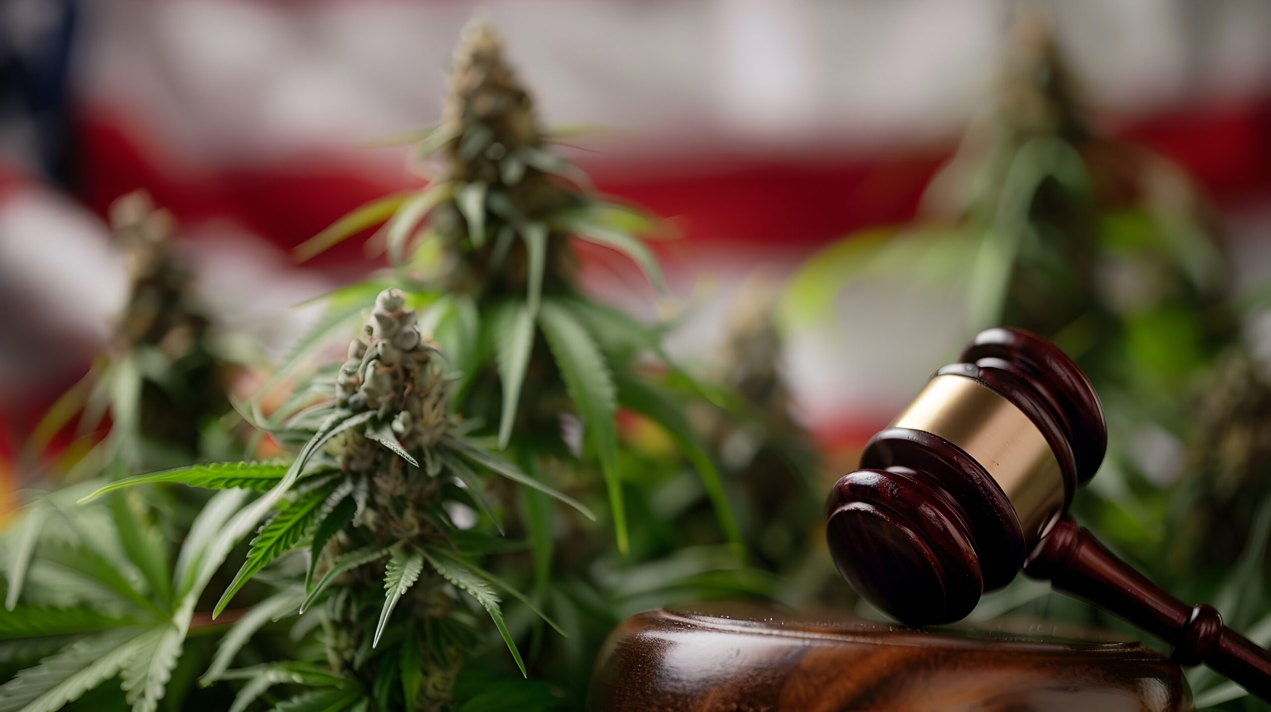 Cannabis Legalization Hearing with Gavel and Scales of Justice in Courtroom Setting