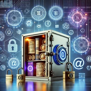 Conceptual illustration of intellectual property protection with a secure vault, digital shields, and blockchain-inspired elements.