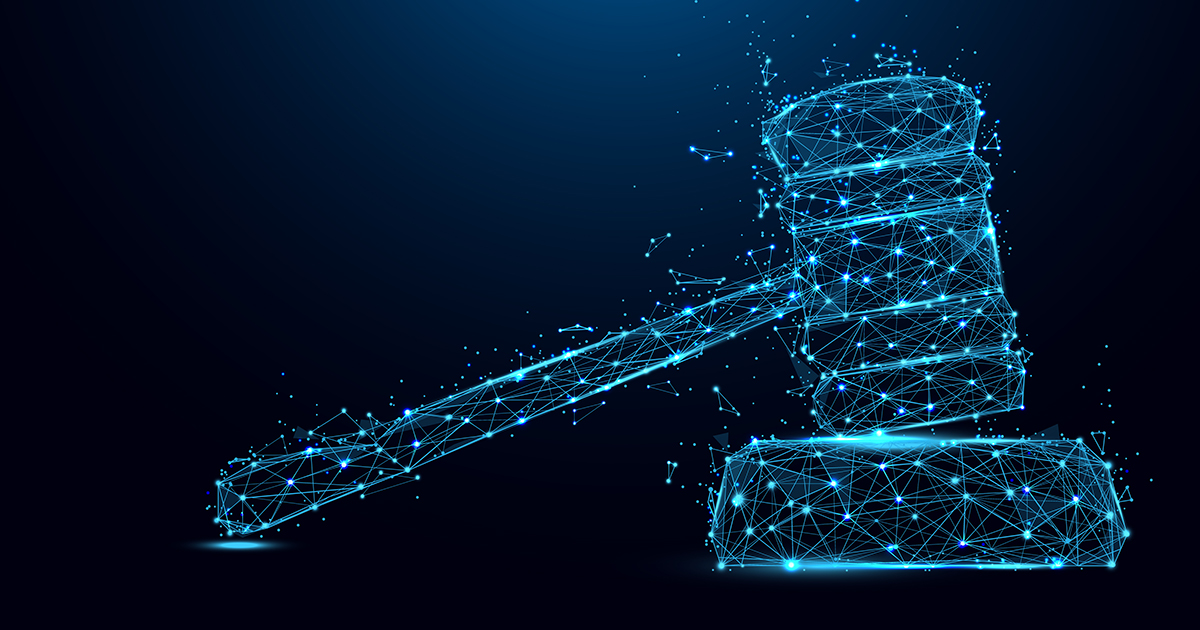 Abstract Hammer judge form lines and triangles, point connecting network on blue background. Illustration vector