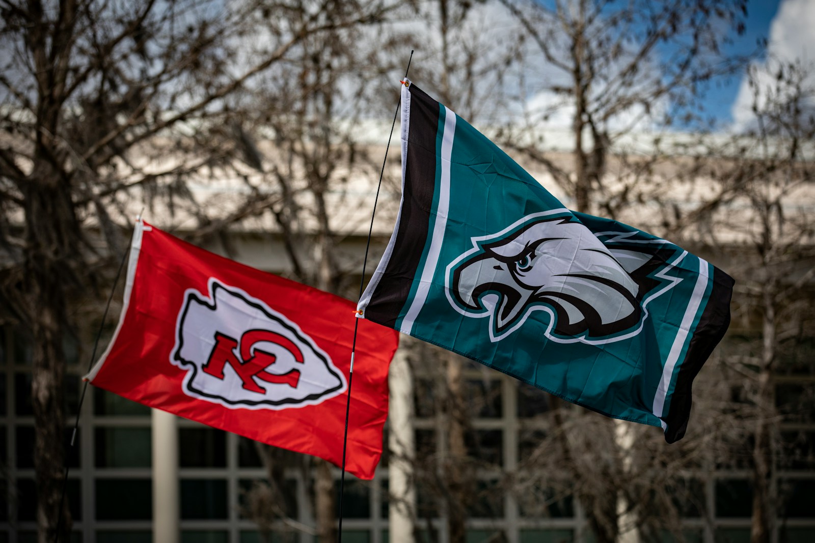 Flags flying for superbowl team at my office on Friday. Sorry KC fans, evidently event staff didn't know your flag was raised upside down. My apologies. They will most likely win.