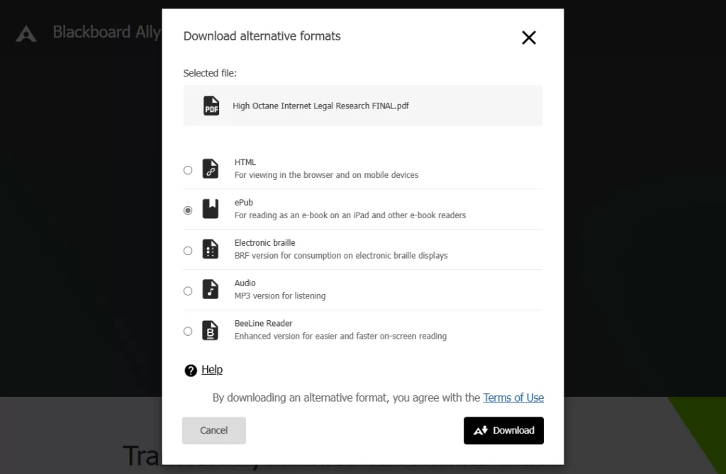 A screenshot of a web page that says Blackboard Ally at the top left. In the center is a dialog box with choices for file format types, including epub, braille, and html. At the bottom right is a black button that says download.