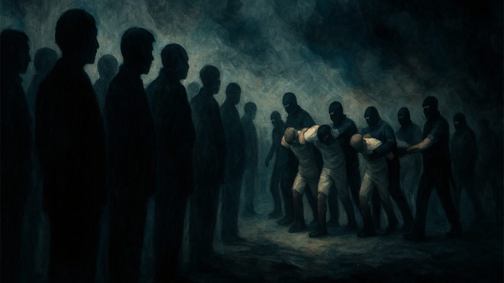 When the Law Breaks 5 Image in watercolor and oil style of shadowy figures standing by watching others, handcuffed, and forcibly bent over, being hustled away because that's what happens when the law breaks