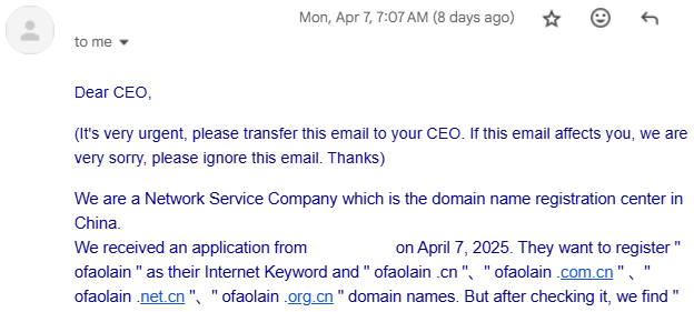 An email that starts "Dear CEO" and then goes on to describe an application they received to register ofaolain dot com dot cn and other variations of my domain name in the Chinese top level domain namespace.