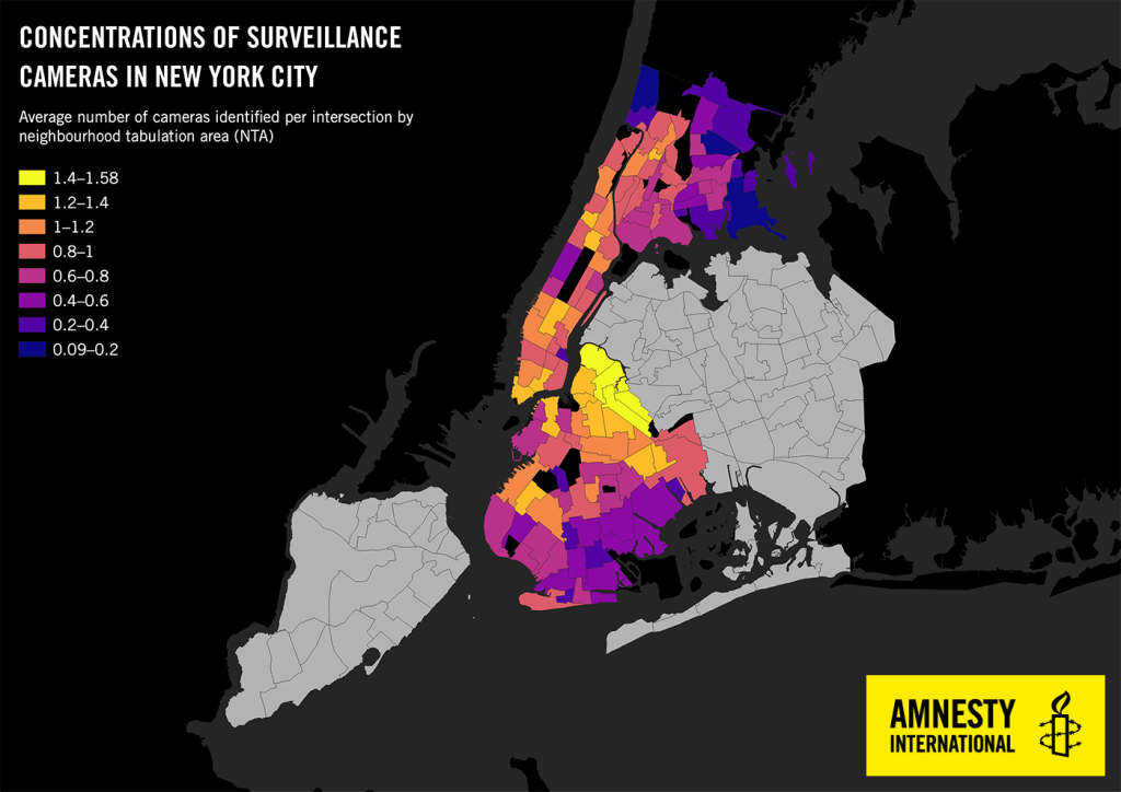 Orphans in Poisoned Libraries 2 A map by Amnesty International showing concentrations of surveillance cameras in New York City. Areas with higher camera density are marked in brighter colors (yellow, orange, and pink), predominantly covering neighborhoods with higher populations of racial minorities and economically disadvantaged communities. Lower-density areas appear in darker colors (purple and blue), often corresponding to wealthier neighborhoods.