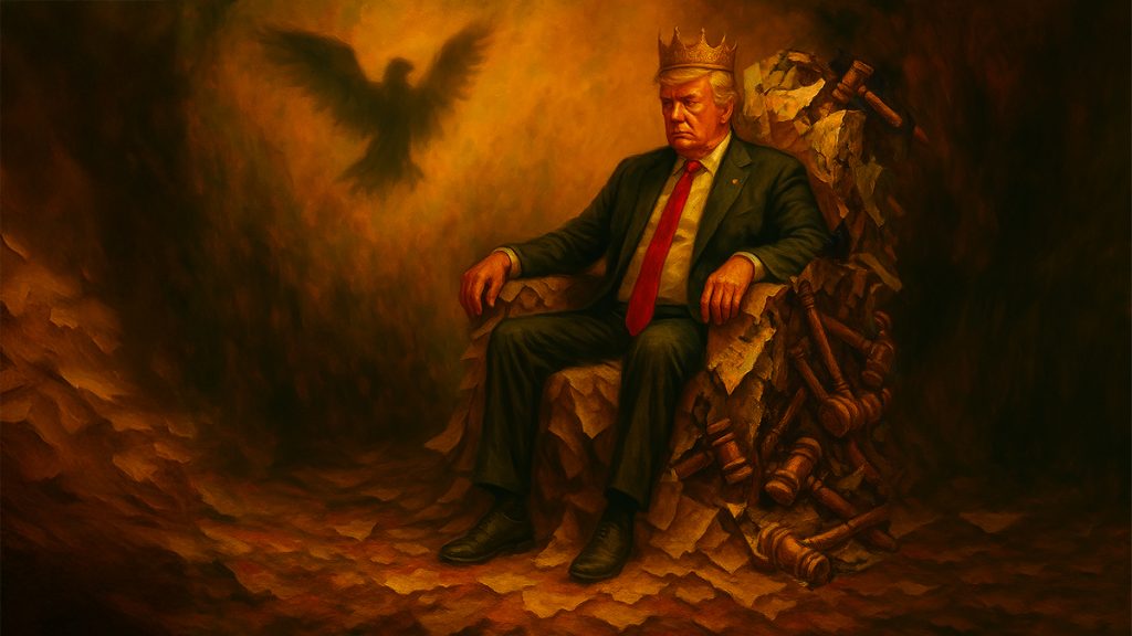 When the Law Breaks 6 watercolor and oil image generated by AI shows Donald Trump as King, sitting on a throne made of judges' gavels and ruined legal documents; a shadow of a bird somewhat reminescent of that used by the Third Reich appears on the wall beside him; the gavels and documents signify when the law breaks