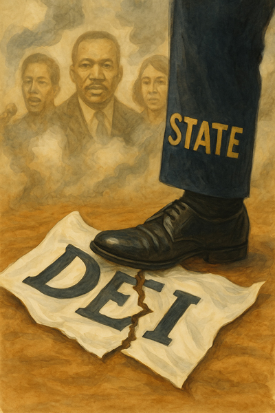 A torn DEI banner under the foot of the state