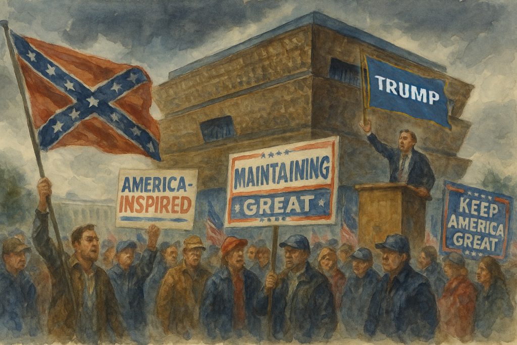 The New Confederacy of Silence 6 Watercolor-style illustration of a rally scene with a crowd holding signs and a Confederate flag. A speaker stands at a podium, waving a blue 'TRUMP' flag. Some of the signs read 'AMERICA-INSPIRED' and 'MAINTAINING GREAT,' while others feature the slogan 'KEEP AMERICA GREAT.' The scene is set against a large, nondescript building in the background. These are the promoters of the New Confederacy of Silence.
