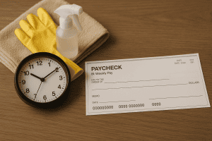 California Personal Attendants Have the Right to Overtime Pay – Here's What You Need to Know 2 Photo of a blank bi-weekly paycheck on a wooden table beside a round analog clock showing 9:10, a pair of yellow cleaning gloves, a beige towel, and a small spray bottle—symbolizing domestic work and overtime pay.