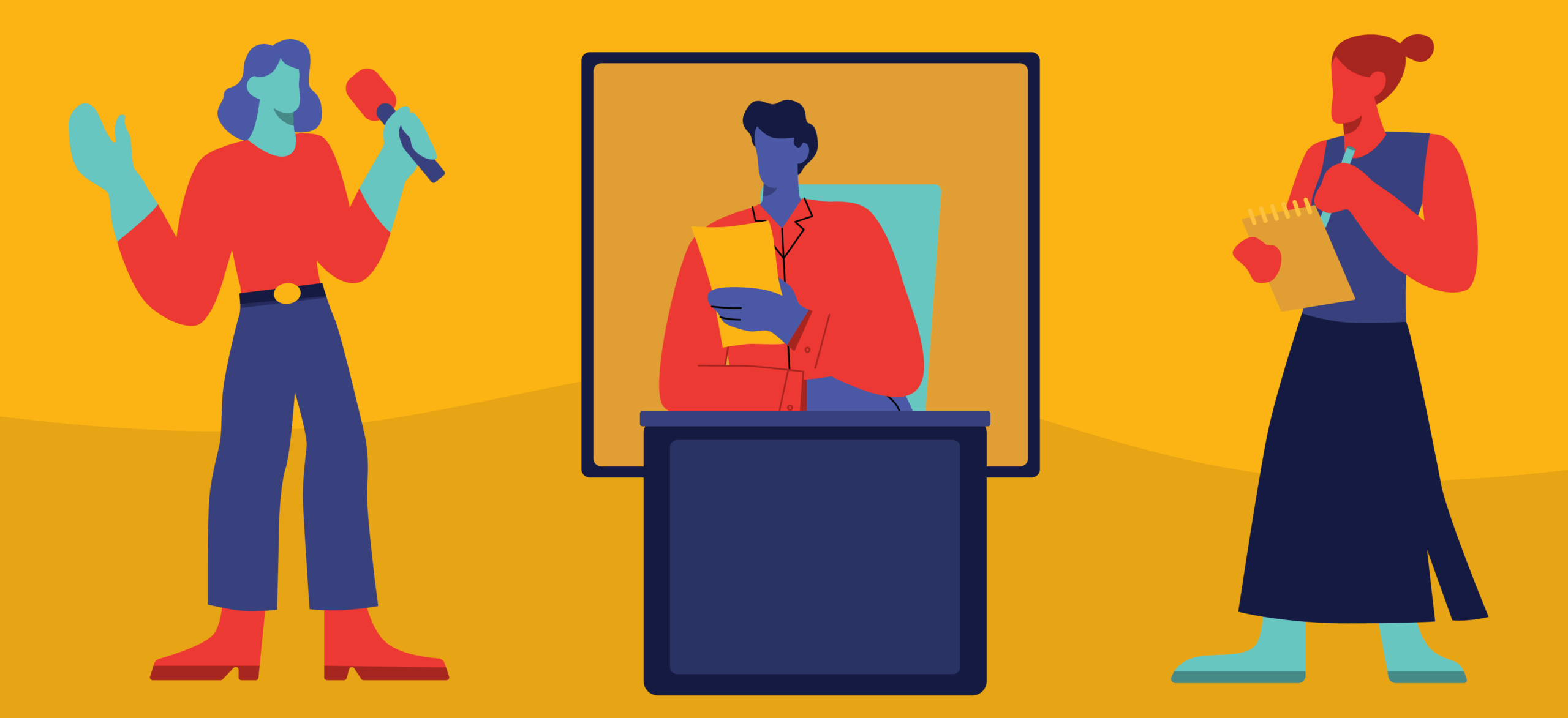 Three stylized figures in bold colors: one stands with a microphone, another sits at a desk holding papers, and the third stands holding a notepad, all against a yellow background.
