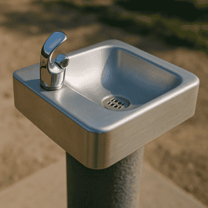 Your Right to Clean Drinking Water at Work 2 Close-up of a stainless steel drinking fountain mounted on a concrete pedestal in an outdoor setting. The fountain features a polished chrome spout and a clean basin with a drain, set against a blurred background of dirt and grass under natural daylight.