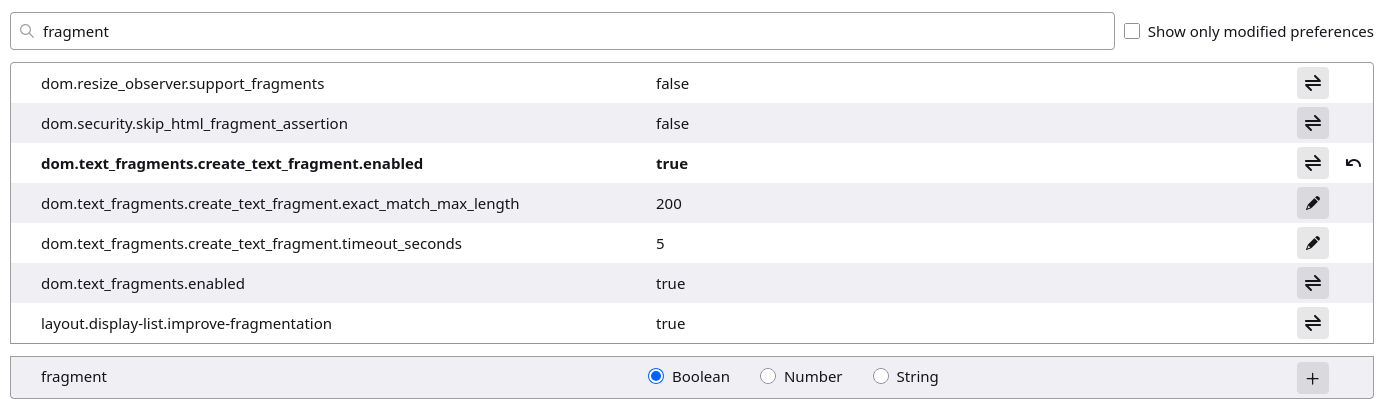 Firefox fragment search in about:config