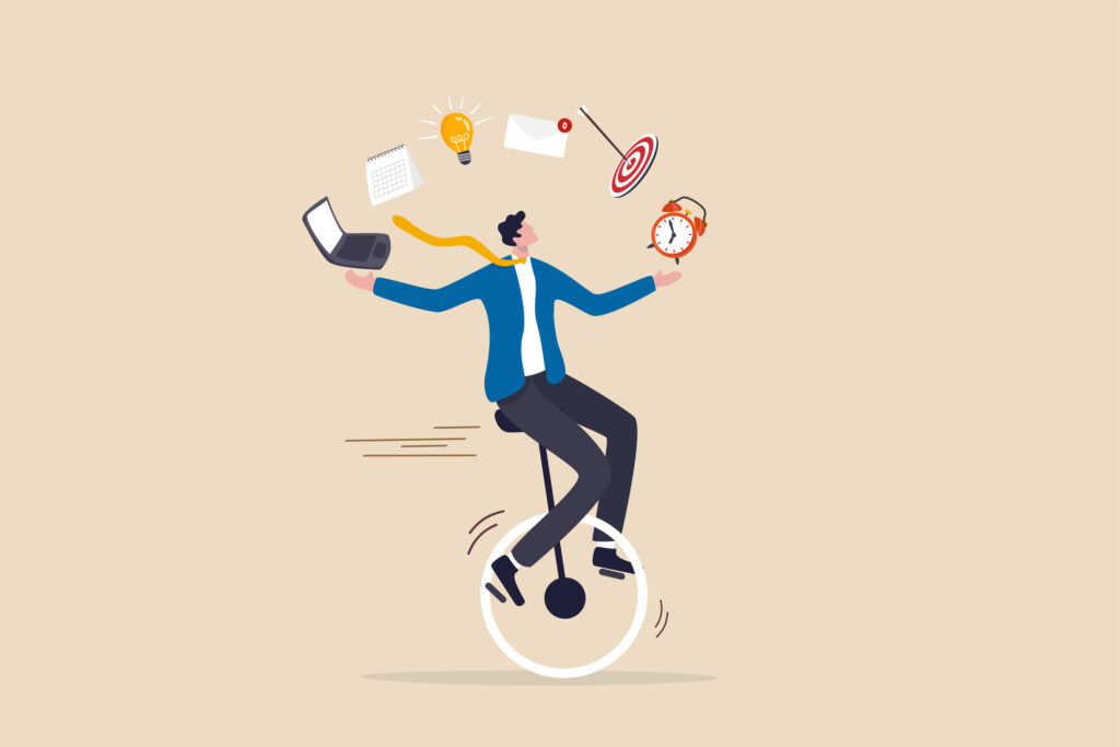 perfectionism lawyer, Productive master, productivity and project management skill, multitasking work and time management concept, skillful businessman riding unicycle juggling elements, laptop, calendar, ideas and emails.