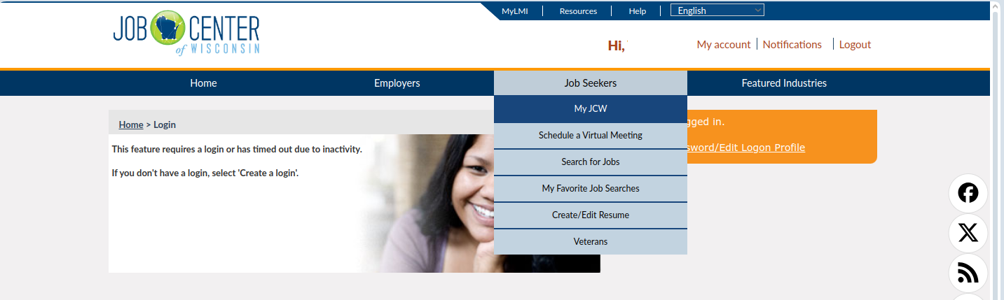 Selecting job Seekers | MY JCW after logging in at jobcenterofwisconsin.com