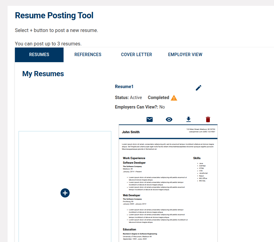 resume posting tool screen at jobcenterofwisconsin.com