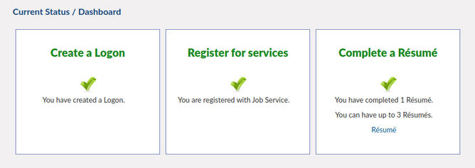 Successful registration at jobcenterofwisconsin.com showing three check marks