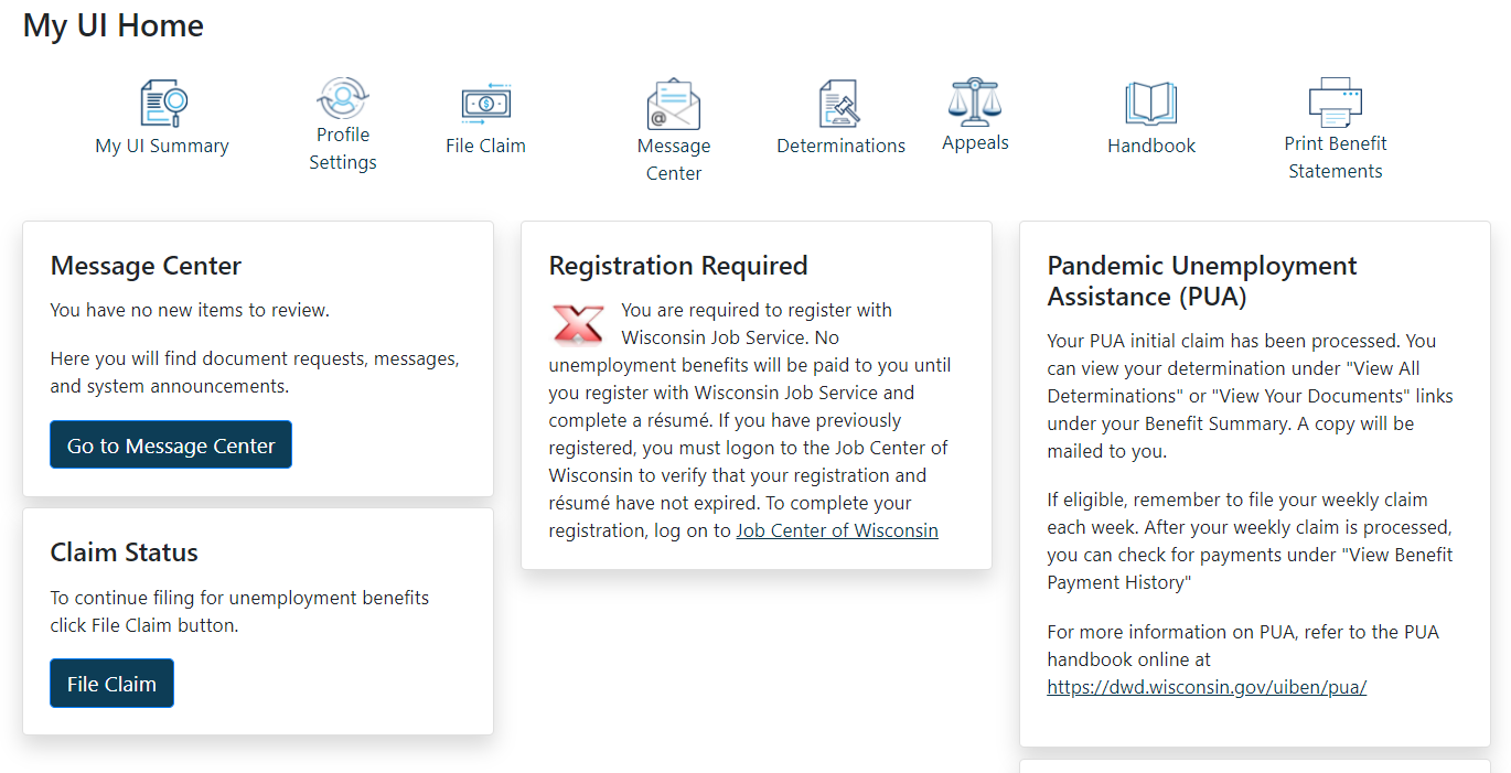 Job registration notice on the claim-filing portal