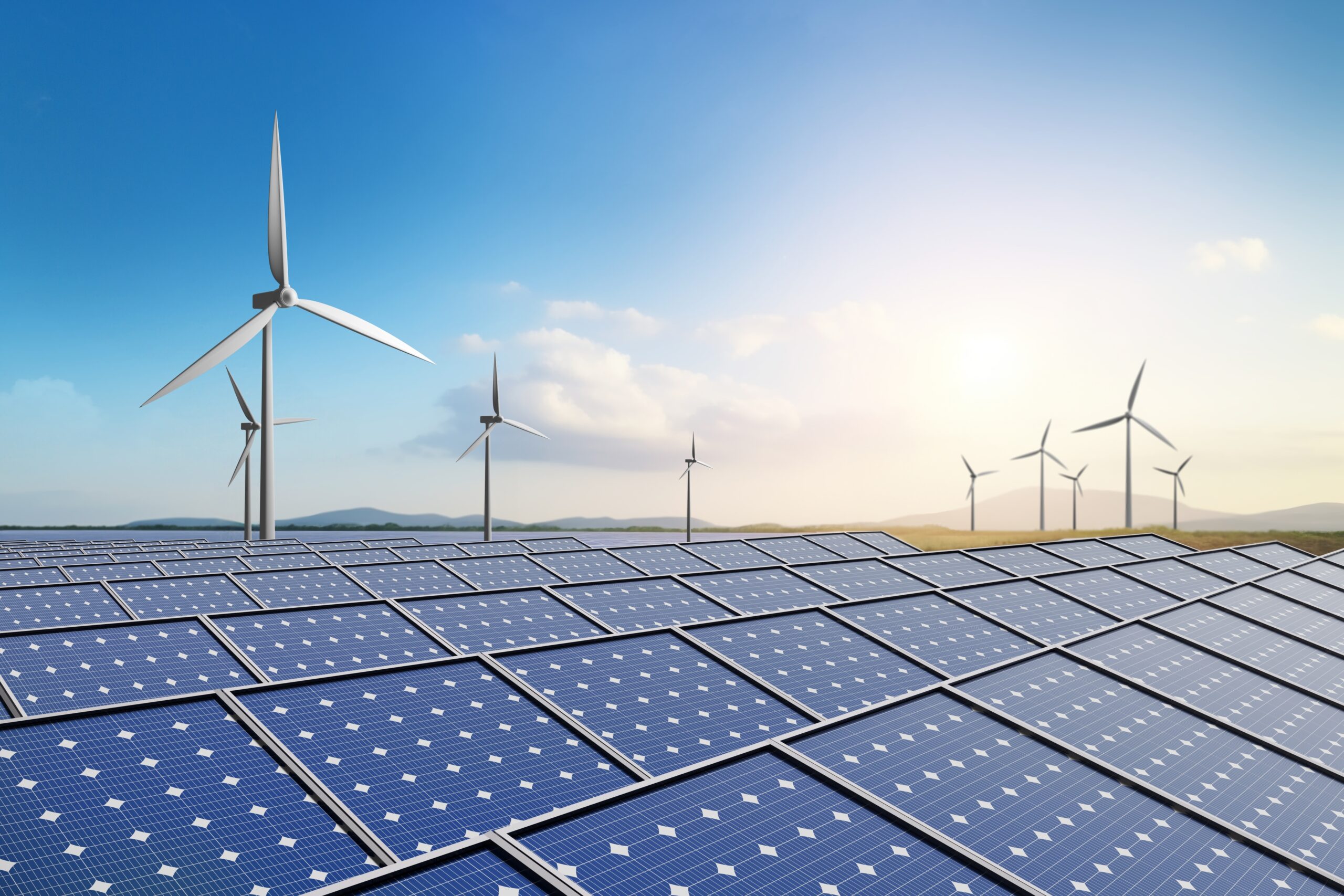 Clean,Energy,,Solar,Farm,And,Wind,Turbine,With,Beautiful,Blue