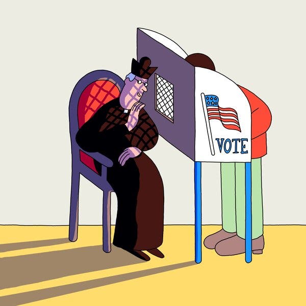 An illustration of a priest talking to a voter through a latticed opening in a voting booth.