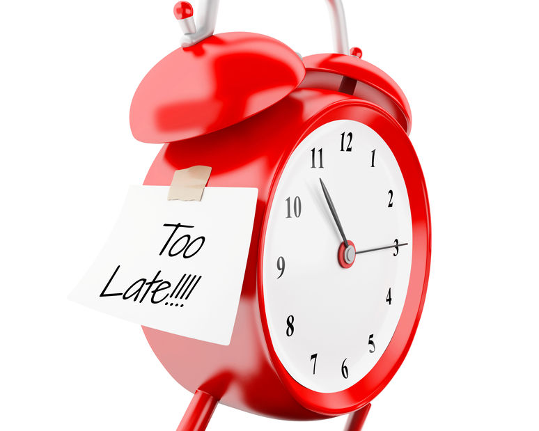 3d Alarm clock with sticky paper written "too late".