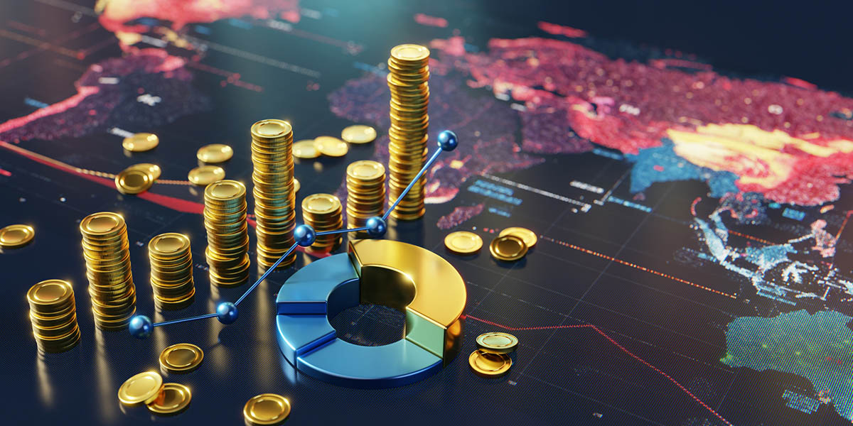 Global Financial Trends Displayed Through Coins, Graphs, and a World Map Visualization