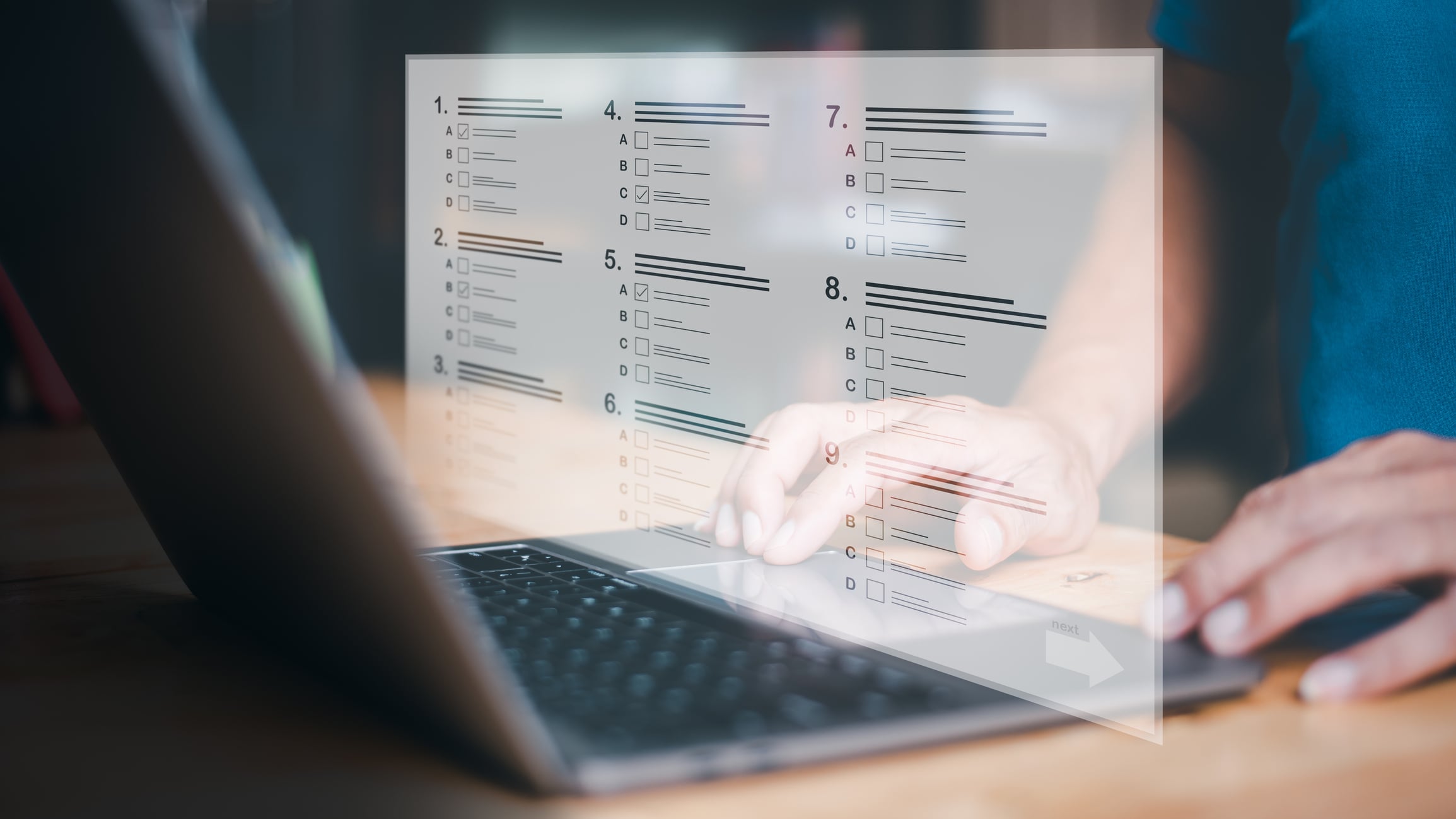 Students take online quizzes through the university website, knowledge testing concepts, fill out application forms, competence assessments, and online learning.