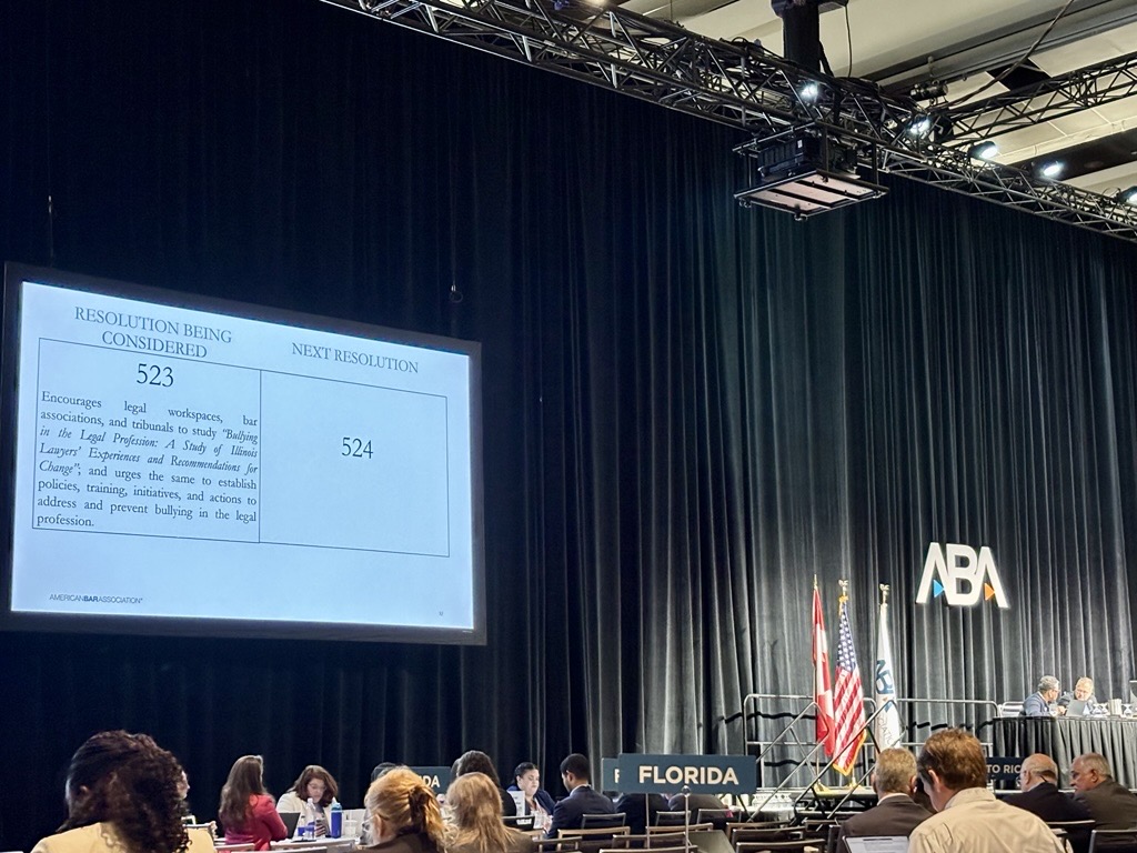Resolution 523 being considered during the ABA House of Delegates Meeting. aba anti-bullying resolution