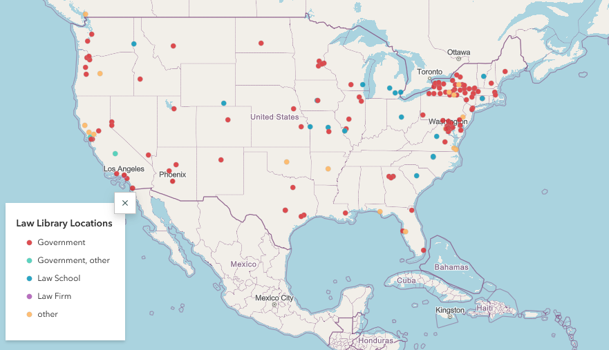 A map of the United States and neighboring countries. The states are outlined and some of them contain colored dots. The dots are representations of locations for law libraries that are connected to a legend in the bottom left corner.
