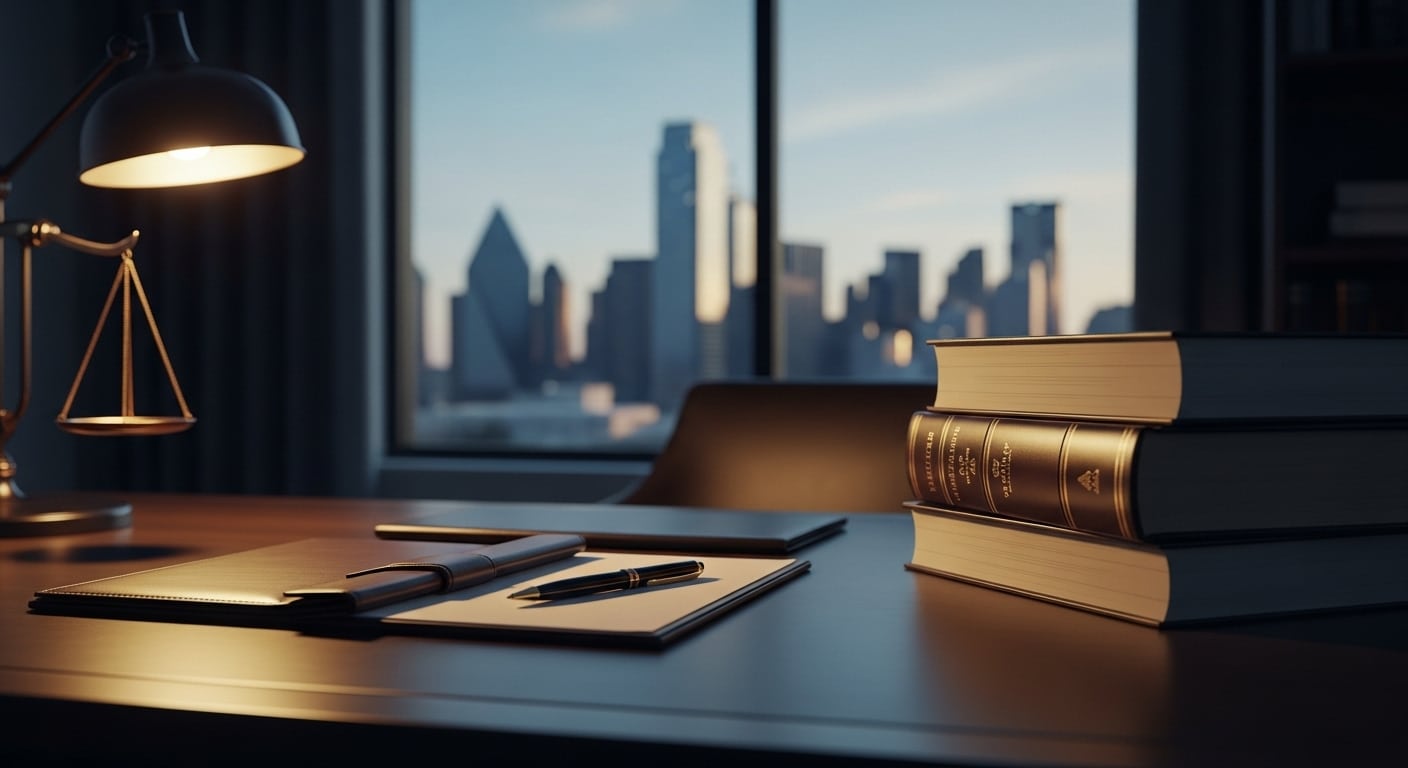 Real Estate Investment Fraud: A professional law office desk with legal books and a city skyline view, symbolizing legal authority and expertise.