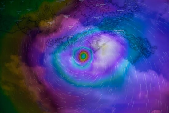 Double exposure of Hurricane Ida approaching New Orleans on August 29, 2021.