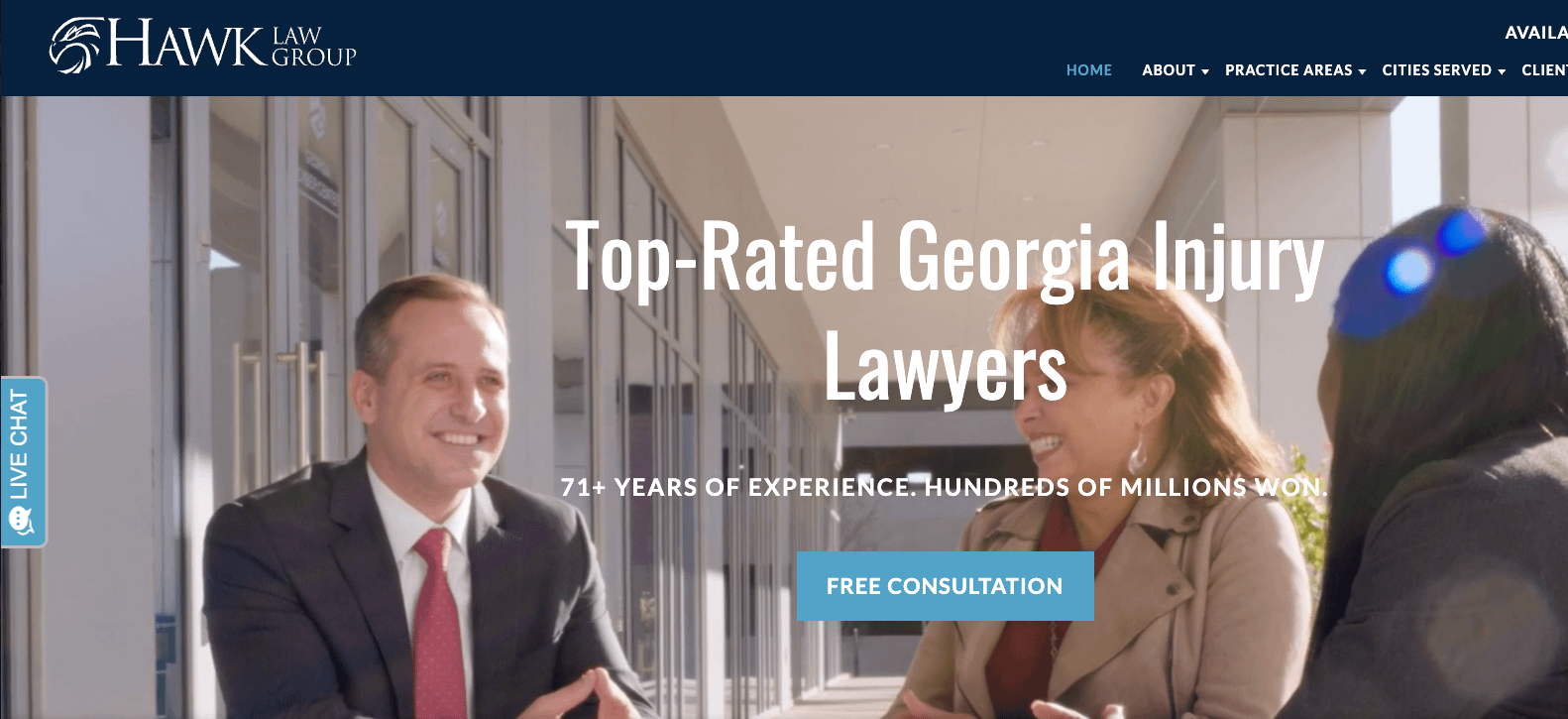 A group of three professionally dressed adults sit and smile while talking outside a modern building. Text overlay reads Top-Rated Georgia Injury Lawyers with a button labeled Free Consultation. Hawk Law Group logo is at the top.