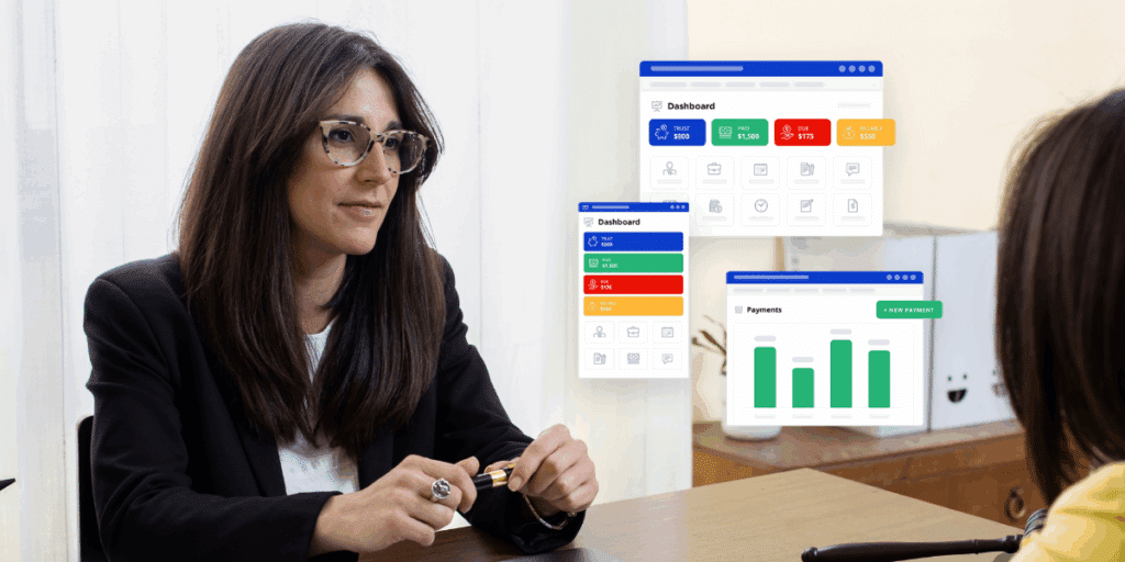 A woman lawyer meeting with a client while using legal case management software from PracticePanther