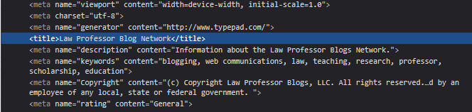 A screenshot of a web browser developer screen, showing the header metadata from the Law Professor Blogs Network. It shows the metadata is generated by Typepad.com.