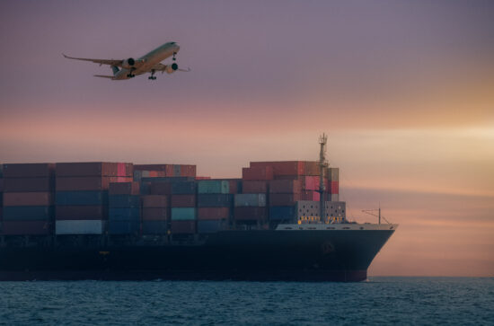 Cargo shipping containers through calm ocean capacity of maritime logistics to move goods worldwide commercial airplane modern global commerce transport before reaching their final destination.