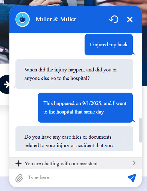 Answering Legal's chatbot conversing with a prospective client about a back injury and hospital visit