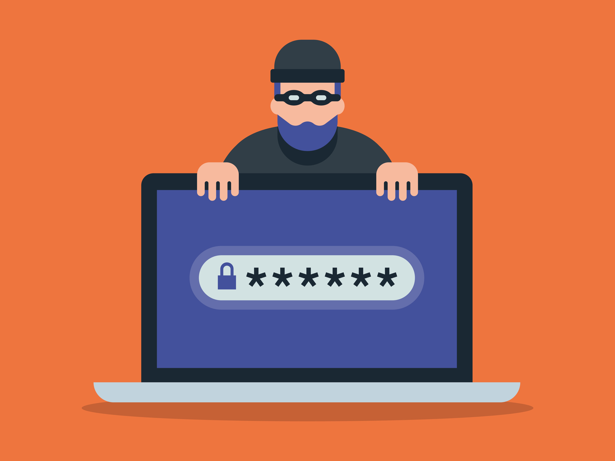 Illustration of laptop computer and cyber criminal looking for password