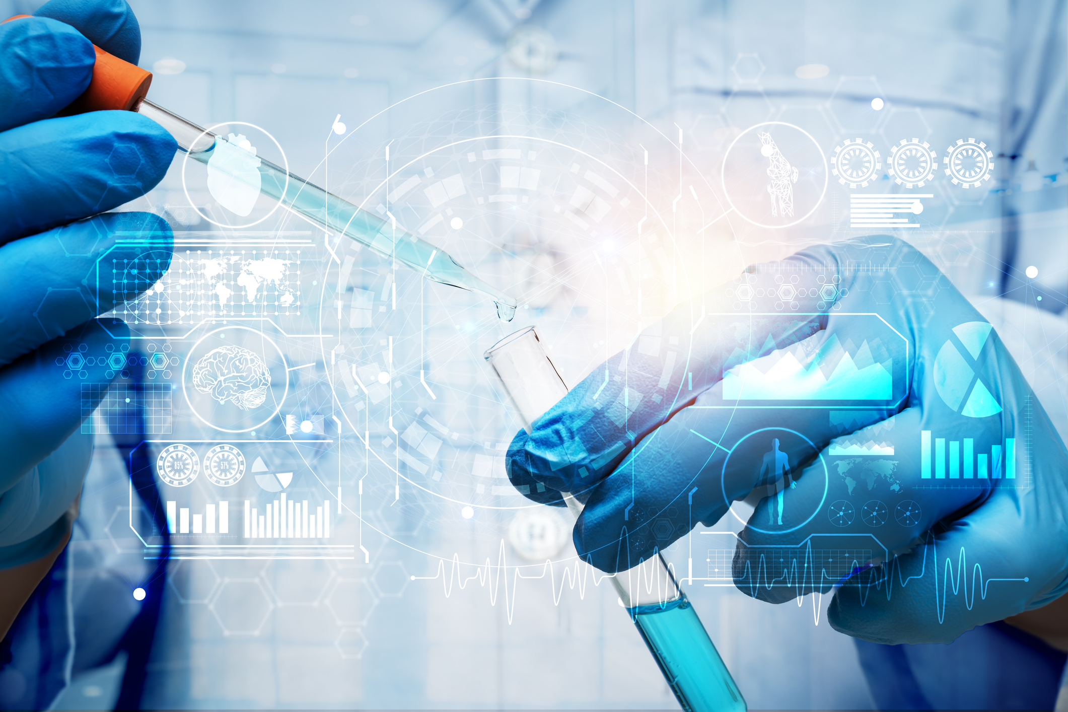 Scientist hand with pipette dropping liquid into test tube in laboratory with futuristic digital interface
