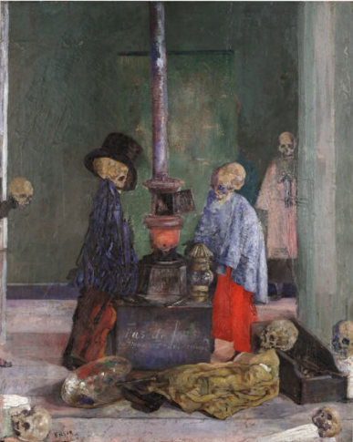 A painting of a heating device like a steel fireplace, with a metal pipe connecting it to the ceiling. Skulls are positioned around the painting, some looking like they are clothed: one in a black top hat and blue coat, another in a shawl and dress, one lying on the ground next to a dress and boots.