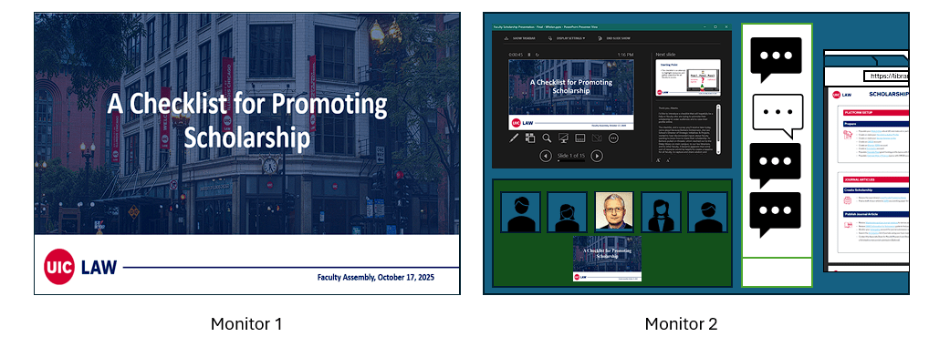 An illustration that shows two rectangles, one labeled "Monitor 1" and one labeled "Monitor 2". The one on the left has a PowerPoint slide on it. The one on the right has boxes to reflect the PowerPoint presenter view, a Zoom app, a Zoom chat app, and a web browser.