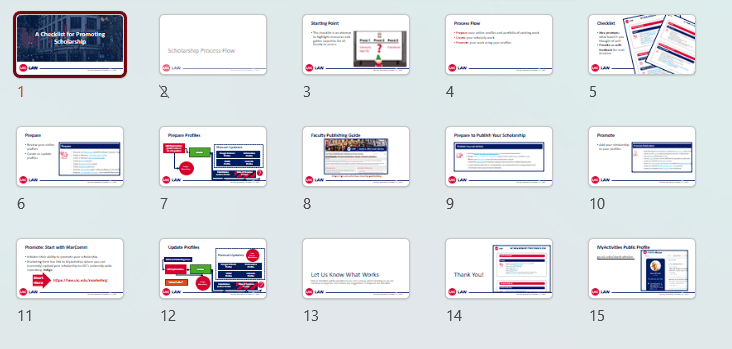 A screenshot of a PowerPoint slide sorter. There are fifteen slides in the deck. The "thank you" closing slide is number 14.