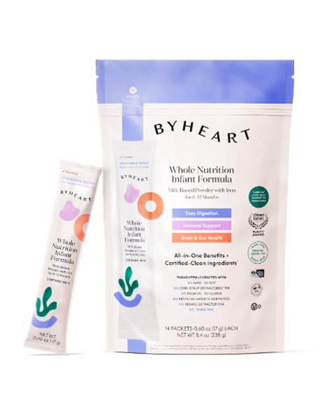 Image of ByHeart Packaging with bags and single-serve “anywhere” sticks Image of ByHeart Packaging with bags and single-serve “anywhere” sticks