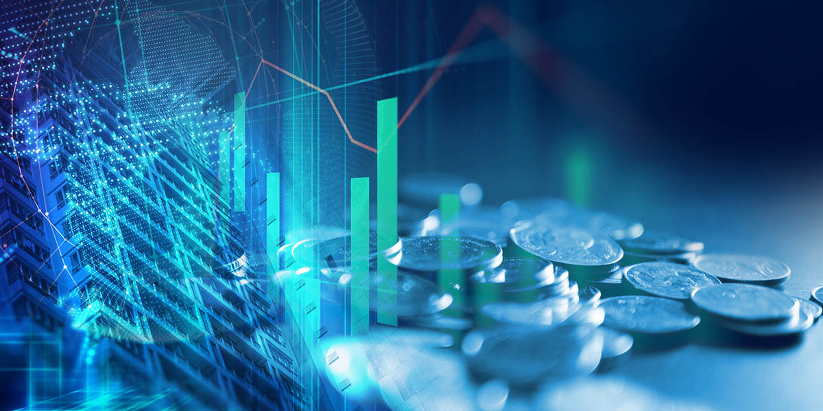 pile of coins on technology financial graph background.