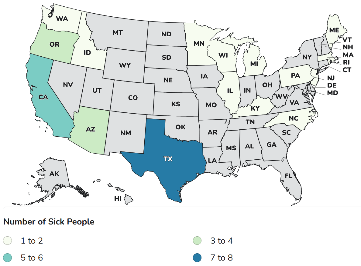 CDC Case Count Map CDC case count map with cases in Arizona, California, Idaho, Illinois, Kentucky, Massachusetts, Maine, Michigan, Minnesota, North Carolina, New Jersey, Oregon, Pennsylvania, Road Island, Texas, Washington, Wyoming