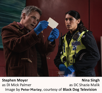 Moyer and Singh as Mick and Shazia with a clue; image by Peter Marley, courtesy of Black Dog Television