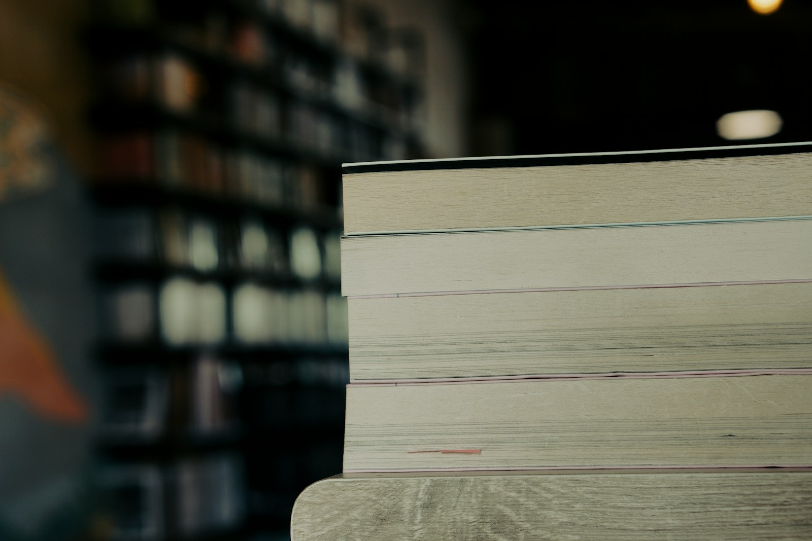 stack of books in library